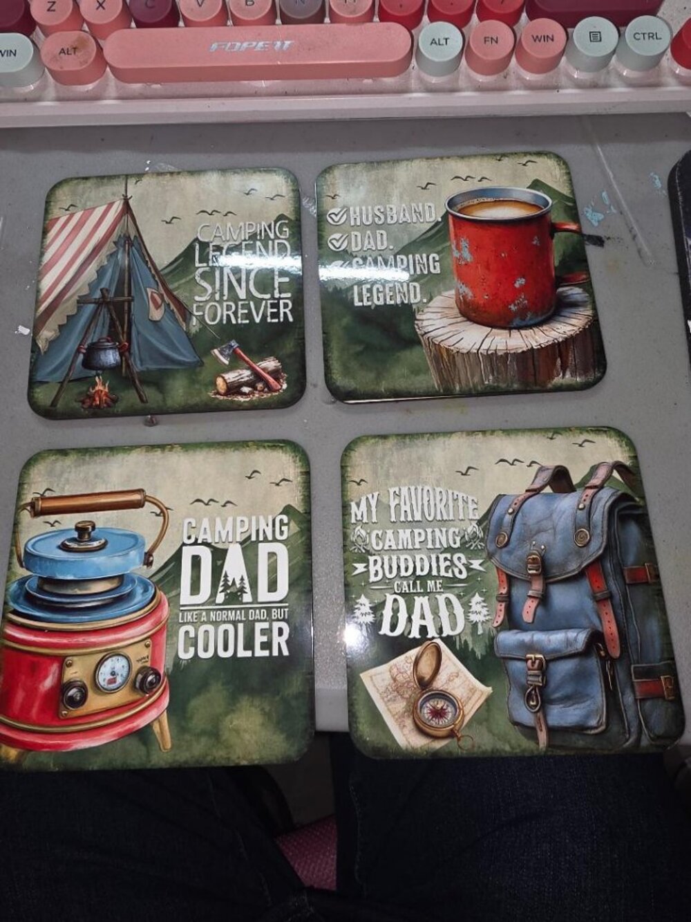 Father’s Day Camping Coaster Set – Rustic Outdoor Dad Gift, Camping Legend Coast